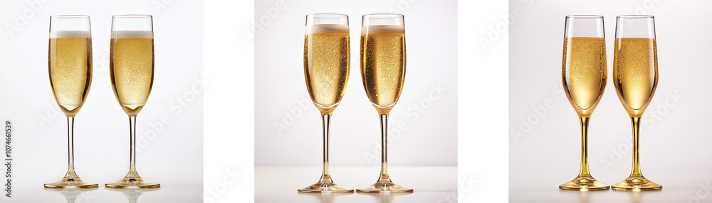Three pairs of champagne flutes filled with sparkling golden liquid, against a white background. Three pairs of champagne flutes filled with sparkling golden liquid, against a white background.