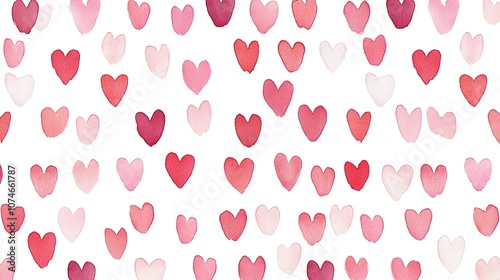 Seamless watercolor heart pattern in pink and red shades on white background