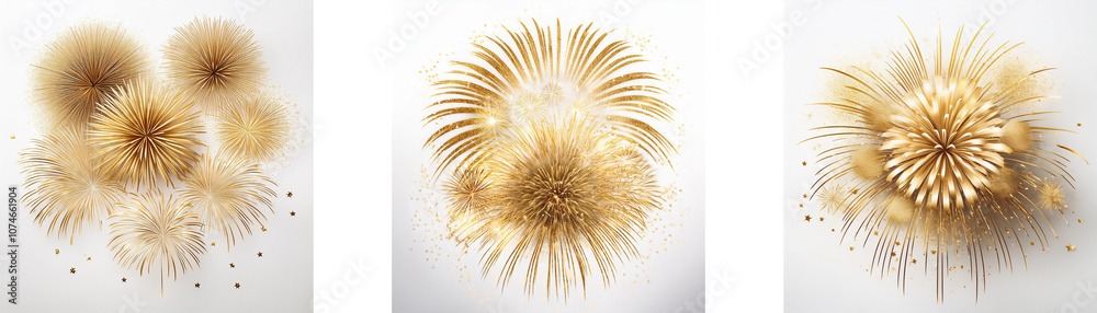 Three golden, stylized firework shapes on a white background. Three golden, stylized firework shapes on a white background.