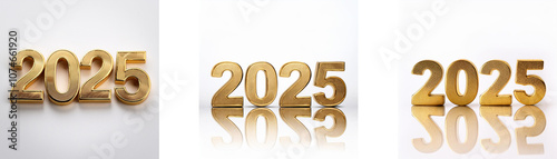 Three images of the year 2025, composed of gold-colored numerals, laid out horizontally on a white background.