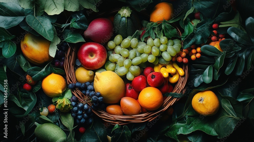 Basket of Fresh Fruits Nestled in Leafy Greenery Basket of Fresh Fruits Nestled in Leafy Greenery