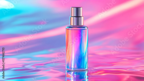 Holographic Perfume Bottle on a Pink and Blue Background