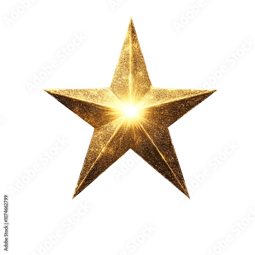 Una stella tridimensionale color oro, scintillante al centro,  su uno sfondo bianco trasparente da personalizzare con auguri e marchi