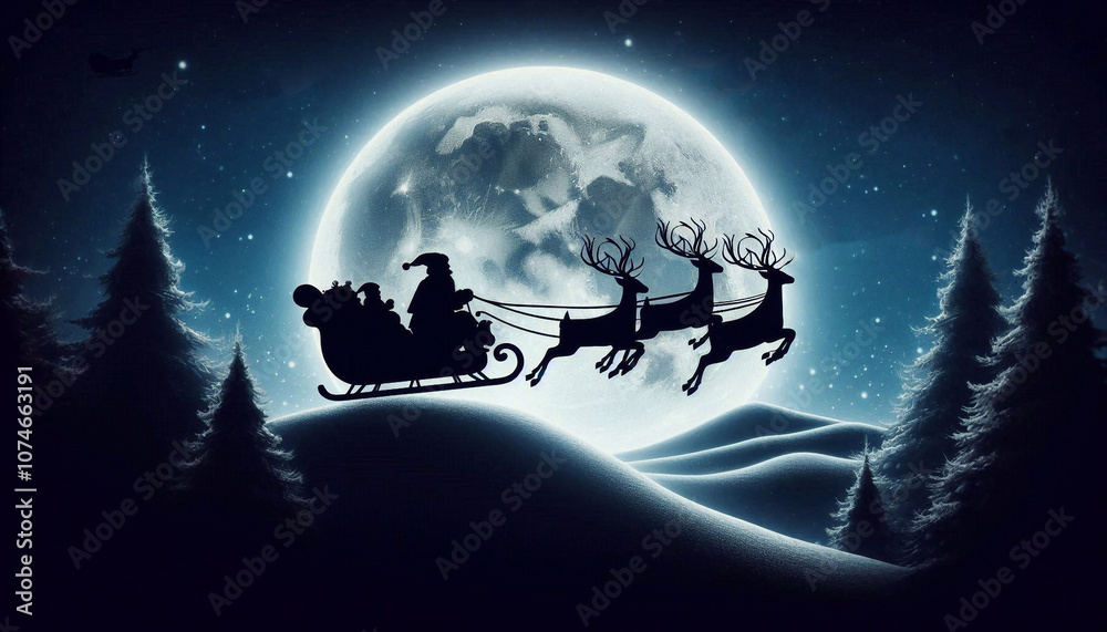Naklejka premium Silhouette of Santa Claus in a sleigh with reindeer against the background of the moon