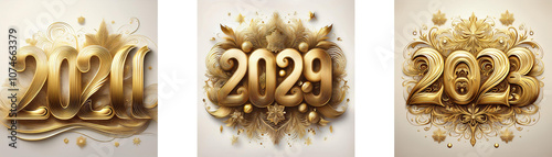 Three golden numbers representing the years 2020, 2029, and 2023 against a white background with decorative golden floral patterns. photo