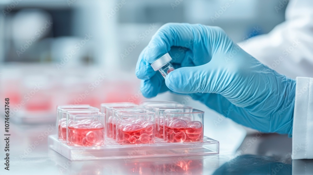 A scientist's hand in a blue glove holds a vial above a petri dish with red liquid, indicative of laboratory research and experimentation.
