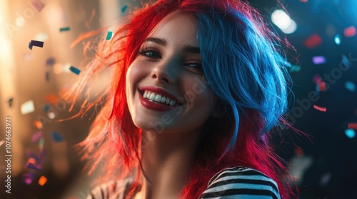 A beautiful woman with vibrant red and blue hair is having fun at the party, confetti flying around her.