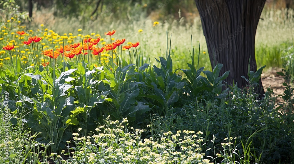 Fototapeta premium A diverse mix of cover crops growing together, each contributing to soil fertility and structure