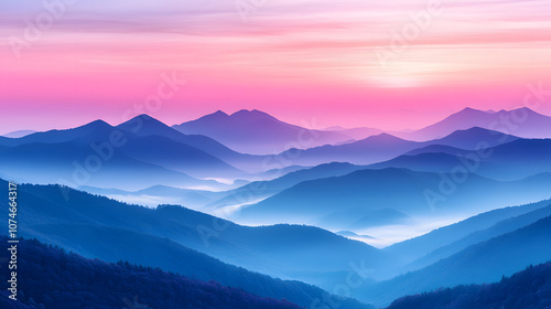 A stunning watercolor-style image of a peaceful mountain landscape at sunrise, with soft pastel tones blending into the sky, and mist gently drifting through the valleys.