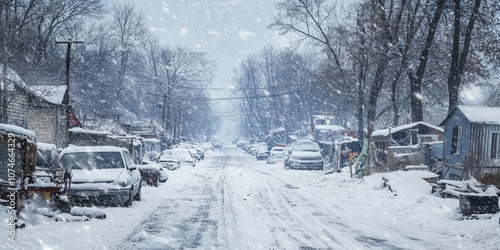 Cars park on road winter snow outdoors.