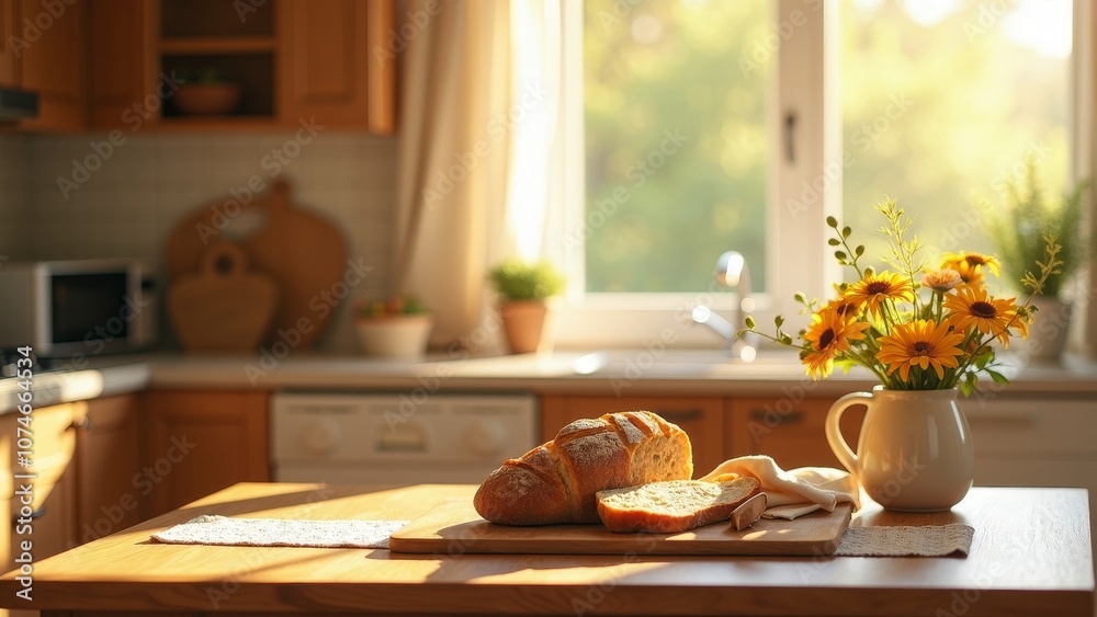 Bright and Welcoming Kitchen Featuring Fresh Bread and Sunlit Flowers Bright and Welcoming Kitchen Featuring Fresh Bread and Sunlit Flowers