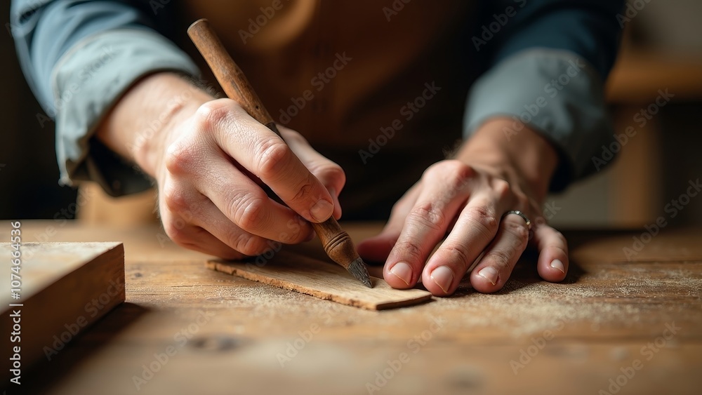 Craftsman's Precision: Intricate Wood Carving at Workbench Craftsman's Precision: Intricate Wood Carving at Workbench