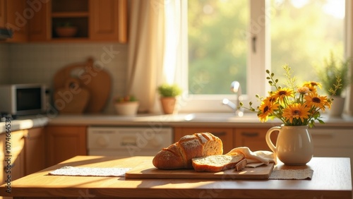 Wallpaper Mural Bright and Welcoming Kitchen Featuring Fresh Bread and Sunlit Flowers Torontodigital.ca