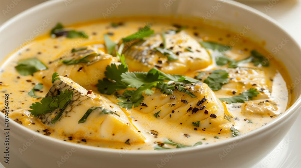 Fish Curry in Coconut-Tamarind Base with Fresh Cilantro Garnish Fish Curry in Coconut-Tamarind Base with Fresh Cilantro Garnish