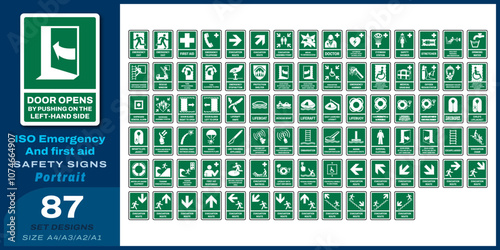 87 set iso emergency and first aid safety signs v22_door opens by pushing on the left-hand side_portrait size a4/a3/a2/a1
