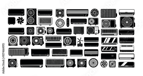 Air conditioners black silhouettes. Home fans and industrial ventilation conditioning cooling heating systems, split single climate control remote devices, monochrome icons isolated on white