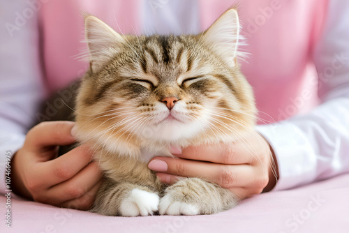 A content fluffy cat enjoys gentle petting, radiating warmth and affection. photo