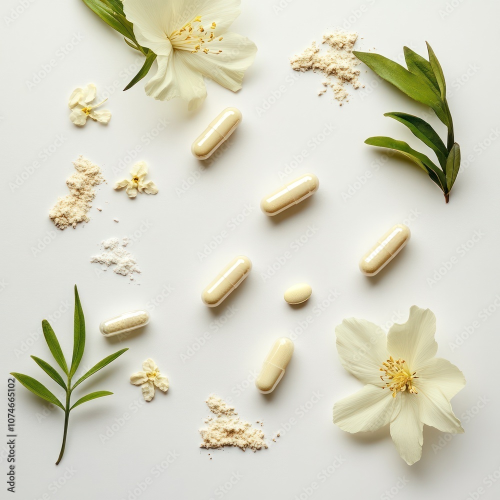 White capsules and flowers symbolize natural purity White capsules and flowers symbolize natural purity
