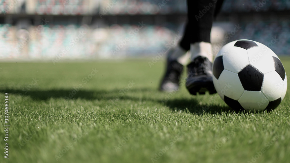Obraz premium African American man playing football on the stadium field. A man runs with a soccer ball across the field.