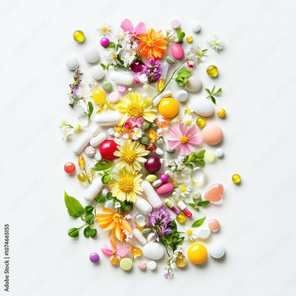 Obraz premium Colorful arrangement of flowers and various pills.