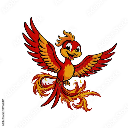 Cartoon Phoenix sticker with big eyes, fiery red and gold feathers, wings spread, joyful expression, generative ai