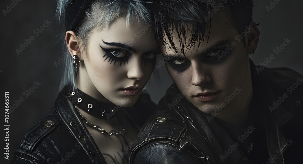 A gothic couple with a strong visual style, with bold theatrical makeup and a daring outfit. A gothic couple with a strong visual style, with bold theatrical makeup and a daring outfit.