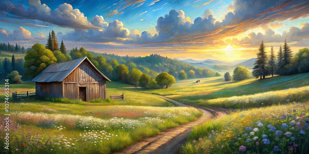 A rustic wooden cabin sits nestled in a picturesque meadow, with a winding dirt road leading through a sea of wildflowers bathed in the golden glow of a sunset. A rustic wooden cabin sits nestled in a picturesque meadow, with a winding dirt road leading through a sea of wildflowers bathed in the golden glow of a sunset.