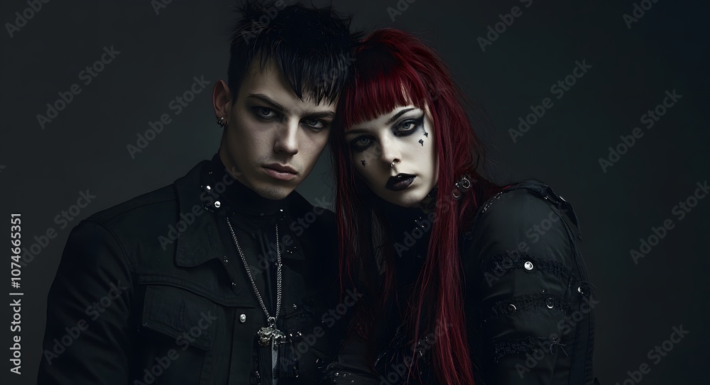 A gothic couple with a strong visual style, with bold theatrical makeup and a daring outfit. A gothic couple with a strong visual style, with bold theatrical makeup and a daring outfit.