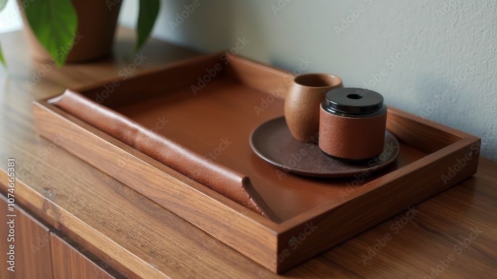 Chic Leather Accessories Tray on Walnut Console with Decorative Elements Chic Leather Accessories Tray on Walnut Console with Decorative Elements