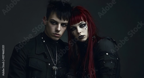 A gothic couple with a strong visual style, with bold theatrical makeup and a daring outfit. photo