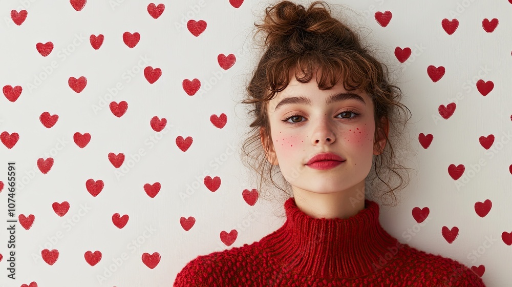 Woman in red sweater with heart patterned background Woman in red sweater with heart patterned background
