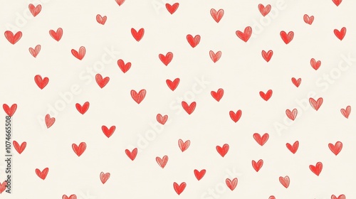 Whimsical hand-drawn red hearts pattern on cream background for romantic designs