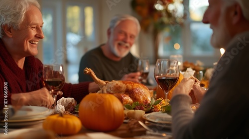 Family gathering around a festive dinner table enjoying Thanksgiving dinner with turkey and wine during sunset in a cozy home setting