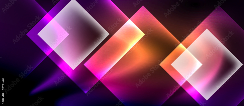 Fototapeta premium Glass squares with neon shiny light abstract background