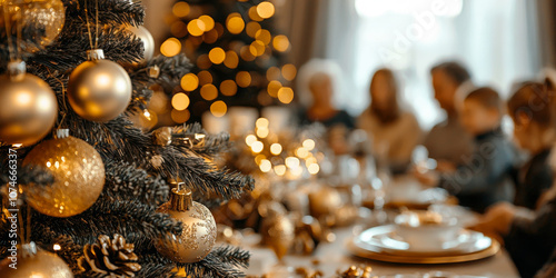 Golden christmas ornaments hanging on christmas tree with family enjoying christmas dinner in background