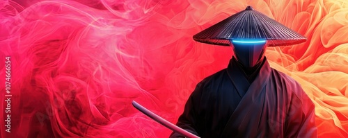 Futuristic Samurai Warrior with Sword and Smoke Background