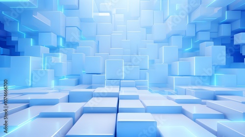 3d rendering of white and blue abstract geometric background. Scene for advertising, technology, showcase, banner, game, sport, cosmetic, business, metaverse. Sci-Fi Illustration. Product display