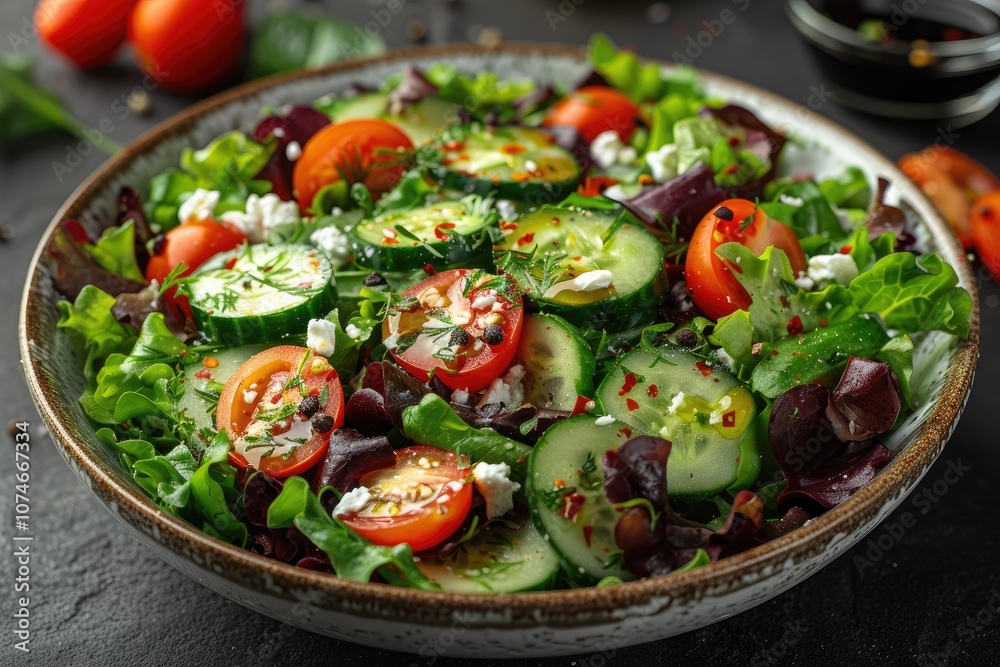 Fresh Salad with Cucumber, Cherry Tomatoes, and Greens