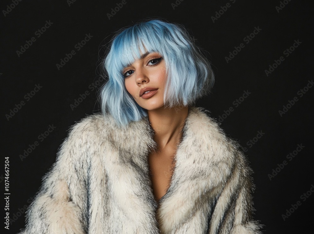 Gorgeous woman with blue hair in a bob haircut, wearing a big, voluminous fur coat. Gorgeous woman with blue hair in a bob haircut, wearing a big, voluminous fur coat.