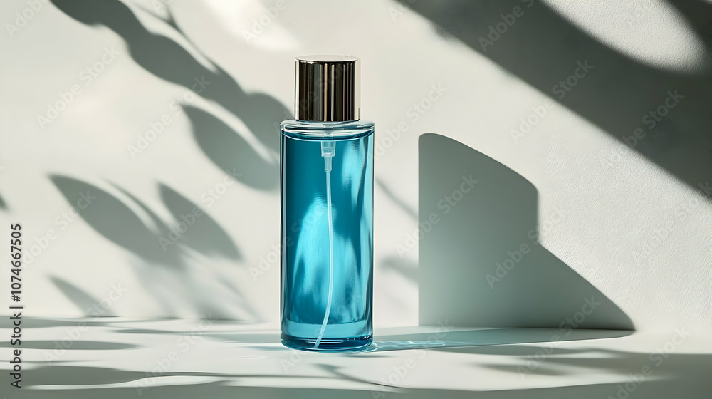 Blue Glass Bottle with Silver Cap and Shadow of Leaves Illustration Blue Glass Bottle with Silver Cap and Shadow of Leaves Illustration