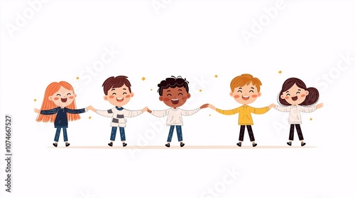 Cheerful Cartoon Children Holding Hands Together in a Joyful Scene of Friendship and Unity, Perfect for Illustrating Childhood Bonding and Happiness
