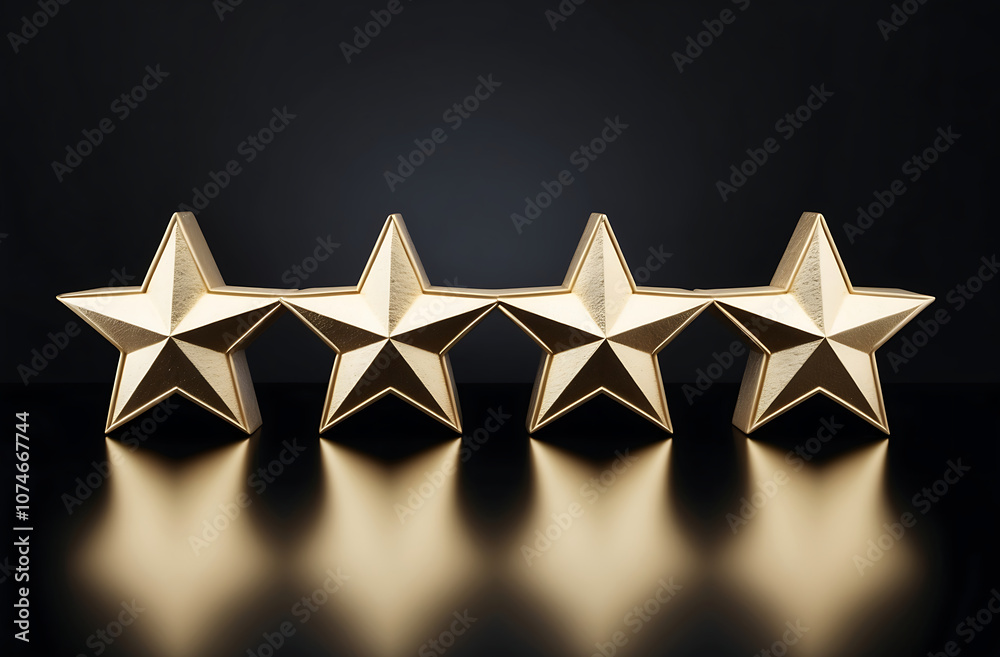 Fototapeta premium Four golden stars arranged in a row on a dark background, representing a rating or ranking concept. 3D Rendering