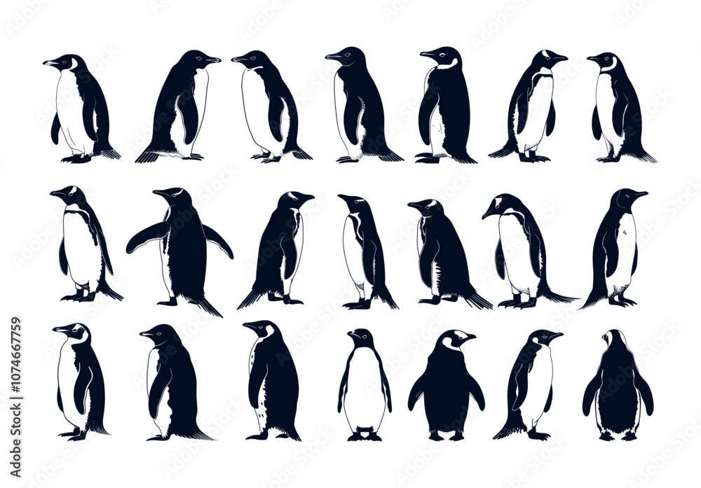 Obraz premium Arctic penguins black ink sketch vector set. Waterfowl emperor adelie gentoo breeds marine ocean bird swimmers sea hunters, isolated illustrations on white background