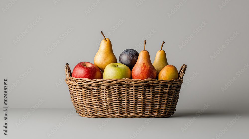 basket of fresh farm fruits including apples, pears, and plums, showcasing vibrant colors and natural textures, perfect for healthy living basket of fresh farm fruits including apples, pears, and plums, showcasing vibrant colors and natural textures, perfect for healthy living