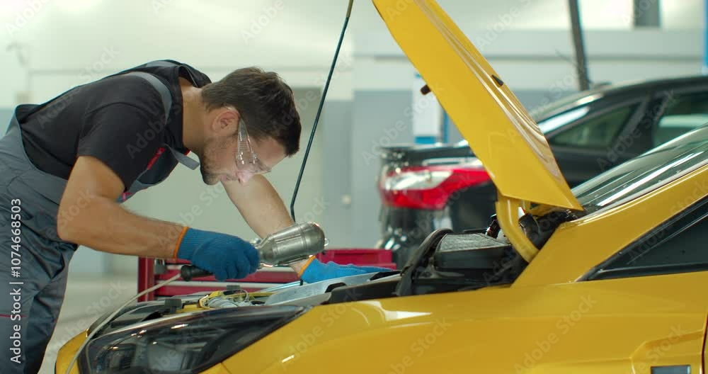 Repairman in safety glasses is working on an usual car maintenance. Professional mechanic is working on a car in a car service. He hangs a lamp and works with a ratchet. Repairman in safety glasses is working on an usual car maintenance. Professional mechanic is working on a car in a car service. He hangs a lamp and works with a ratchet.