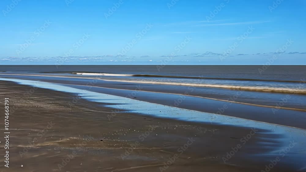 The receding tide reveals a sandy beach with a long, shallow channel of water