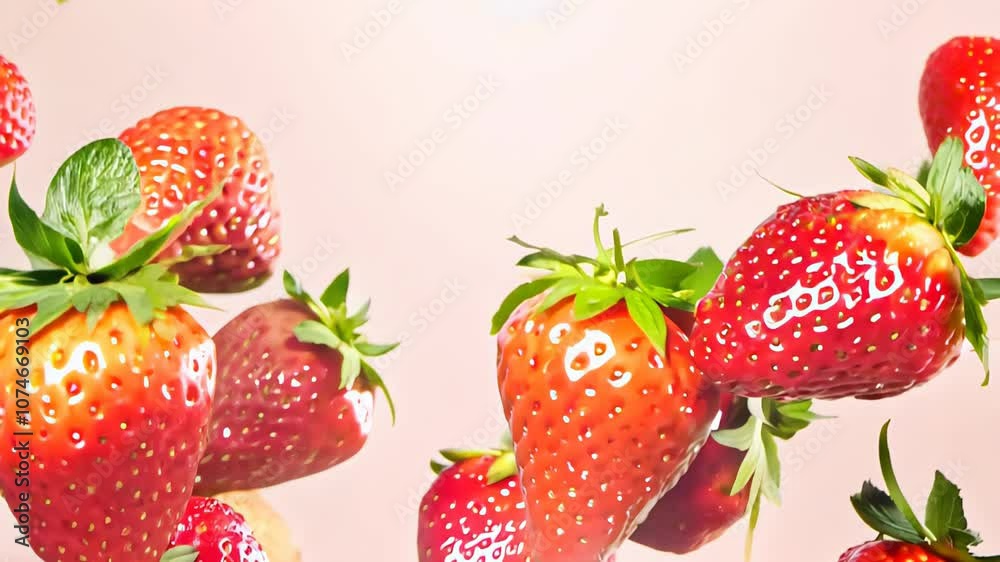  Fresh, juicy strawberries floating against a soft, pastel background, creating a vibrant and refreshing scene