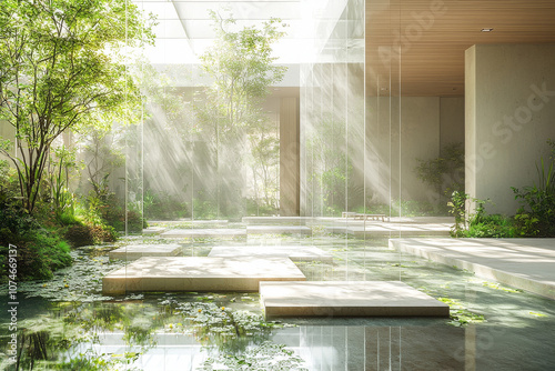 Fototapeta Naklejka Na Ścianę i Meble -  Innovative office space with biophilic design, floating transparent screens, soft natural light,