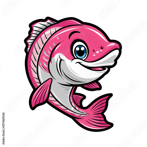 Cartoon salmon with big eyes and joyful smile, vibrant ocean design, playful and cute sticker, bright pink colors, clean white background, generative ai