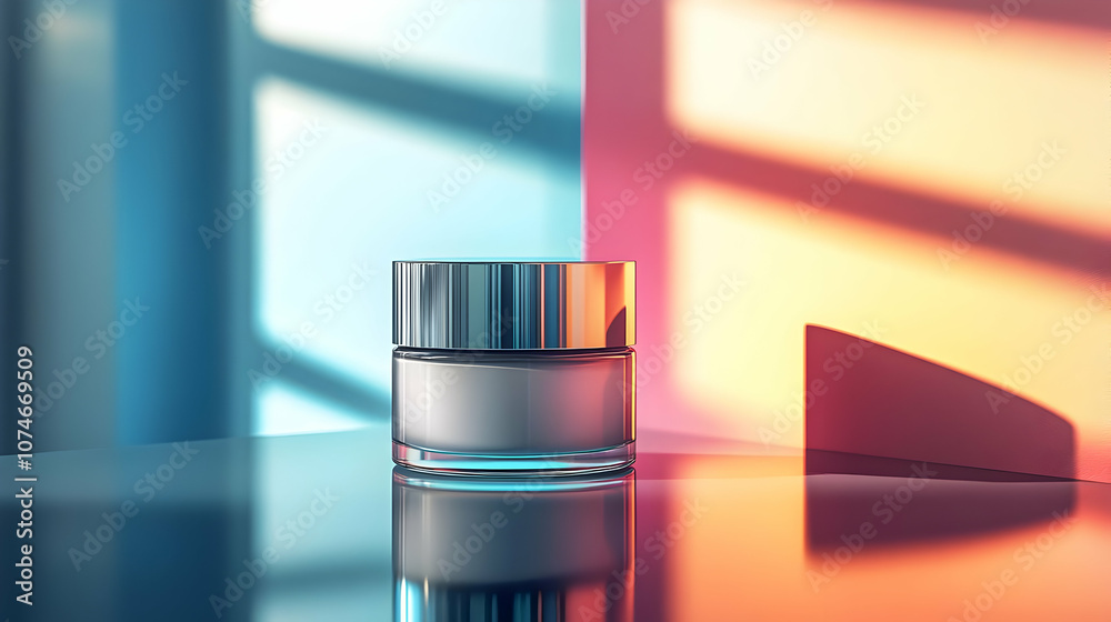 Glass Jar with Silver Lid on a Reflective Surface, 3D Render Glass Jar with Silver Lid on a Reflective Surface, 3D Render